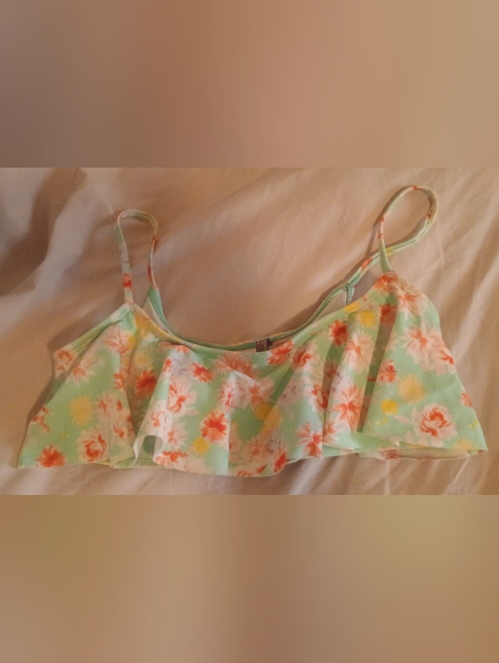 Victoria's Secret Mint Floral Ruffle Bikini Top with Coral Accents